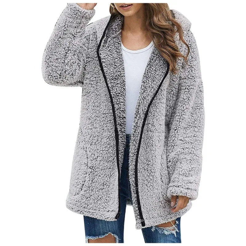 Women's Longline Teddy Fleece Coat – Open Front Jacket with Lapel Collar and Pockets