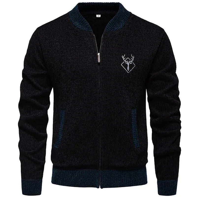 Men's Knitted Zip-Up Jacket – Stand Collar Long Sleeve Ribbed Cuffs Pockets