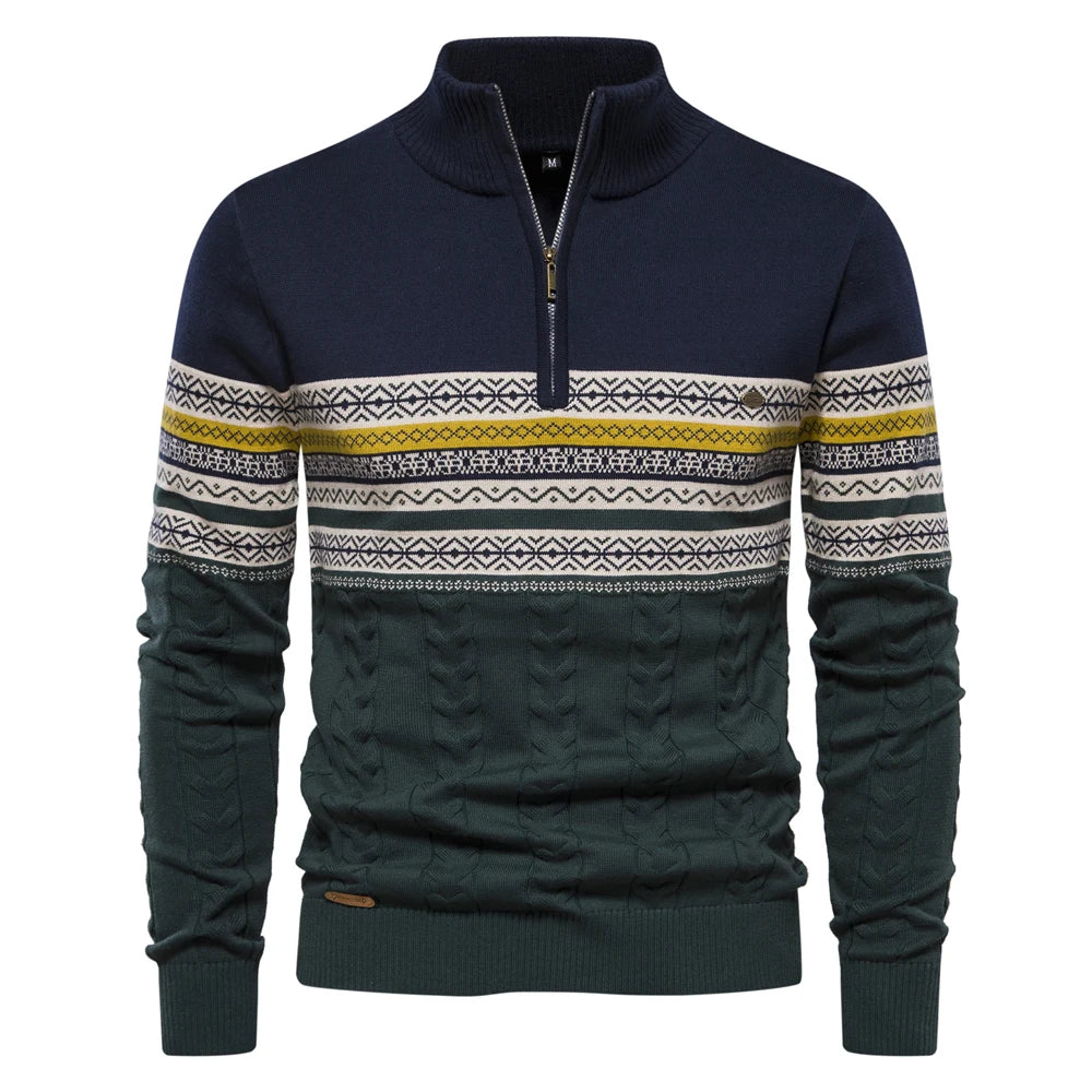 Men's Knitted Quarter Zip Jumper – Patterned Long Sleeve Sweater with Stand Collar