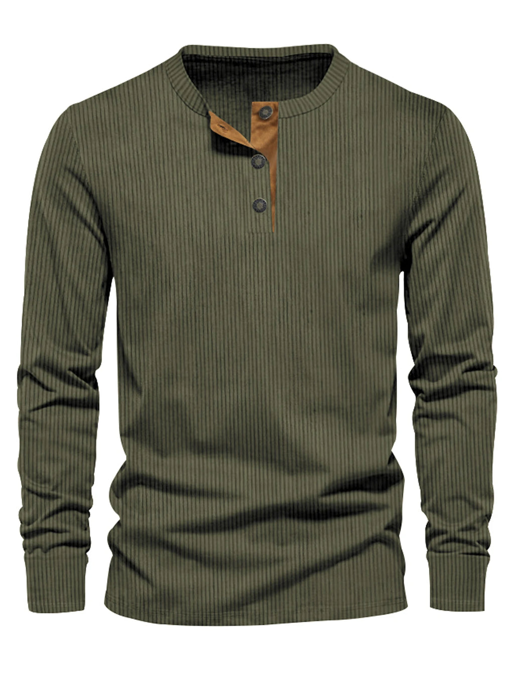 Men's Button Neck Long Sleeve Pullover Shirt with Ribbed Design