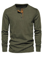Men's Button Neck Long Sleeve Pullover Shirt with Ribbed Design
