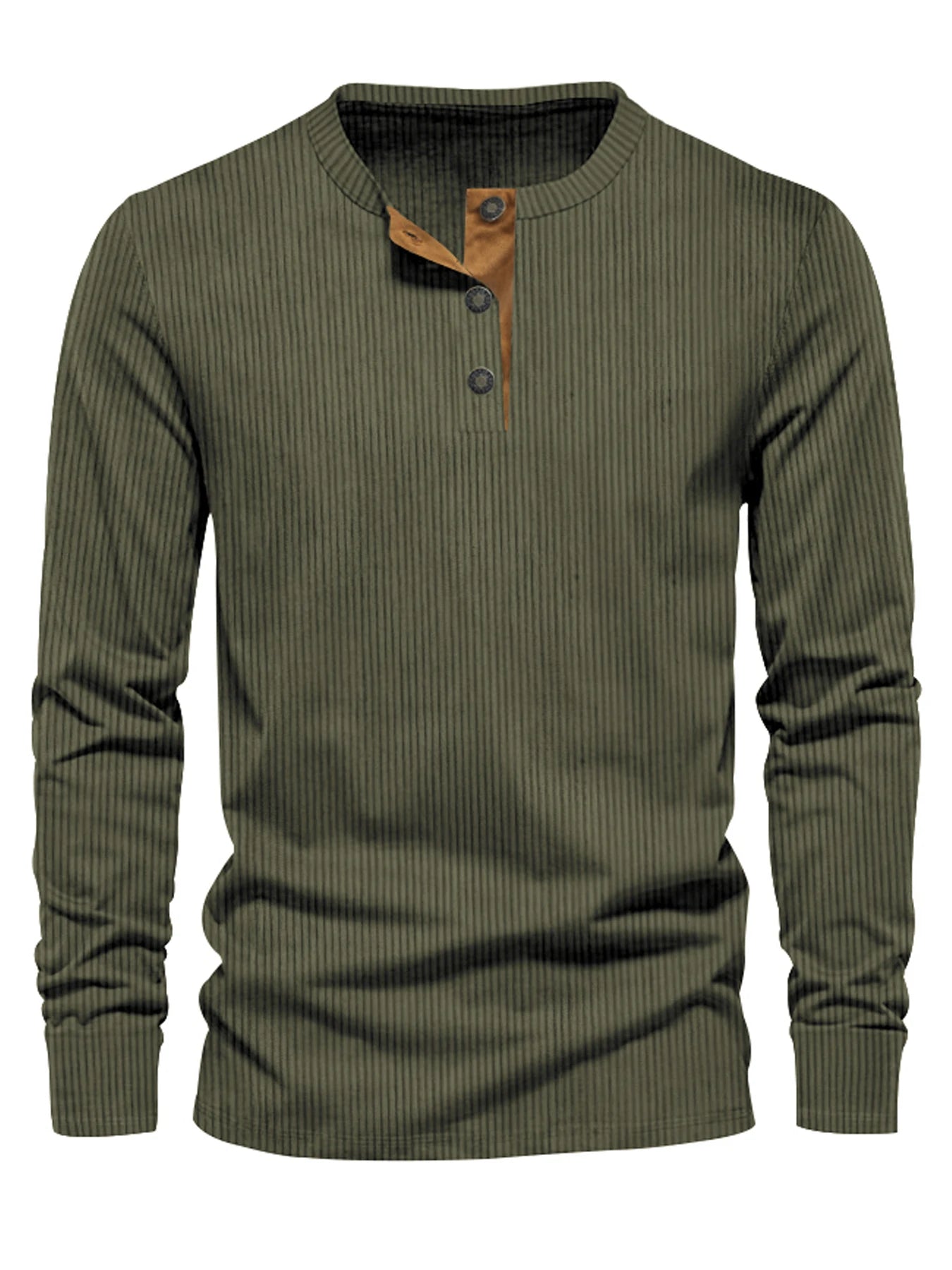 Men's Button Neck Long Sleeve Pullover Shirt with Ribbed Design