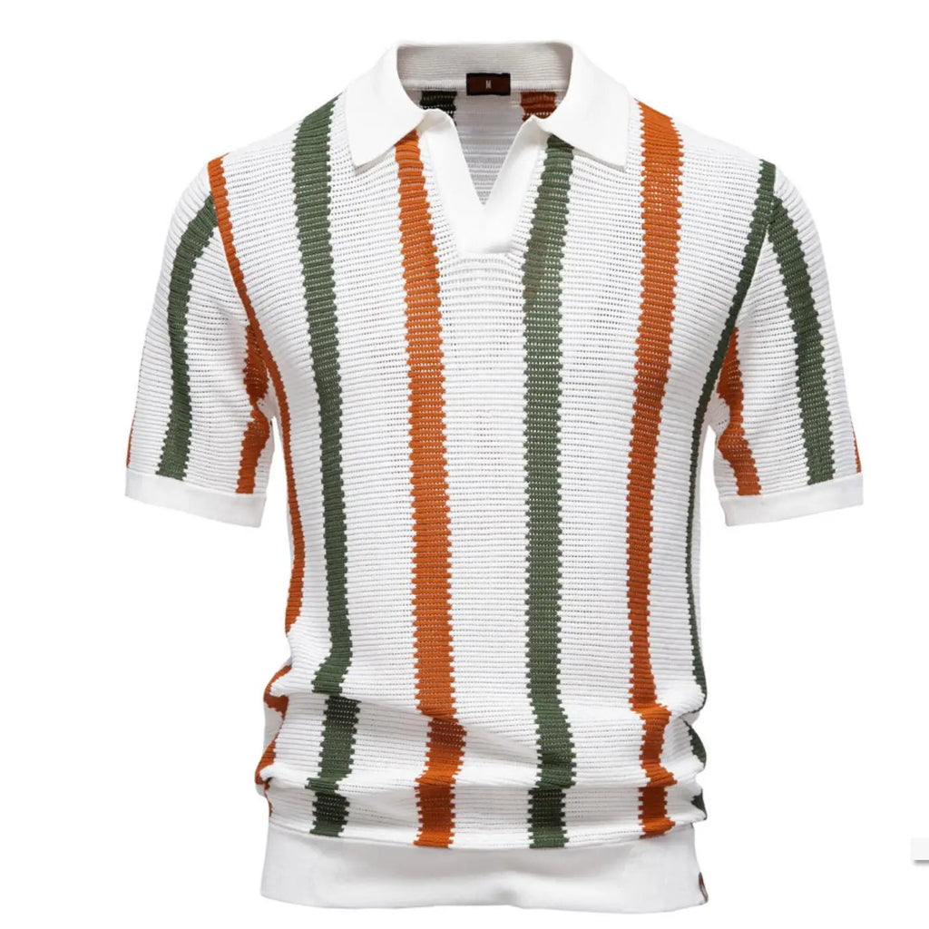 Men's Vertical Stripe Polo Shirt with Short Sleeves and Ribbed Hem