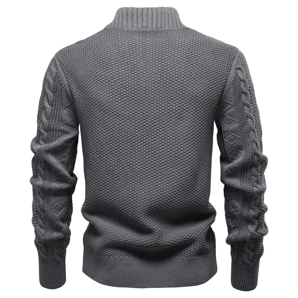 Men's Cable Knit Zip Cardigan with Ribbed Cuffs and Hem