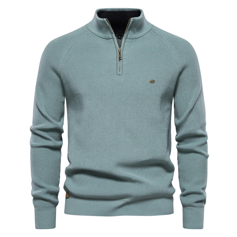 Men's Mock Neck Zip Sweater with Long Sleeve Design