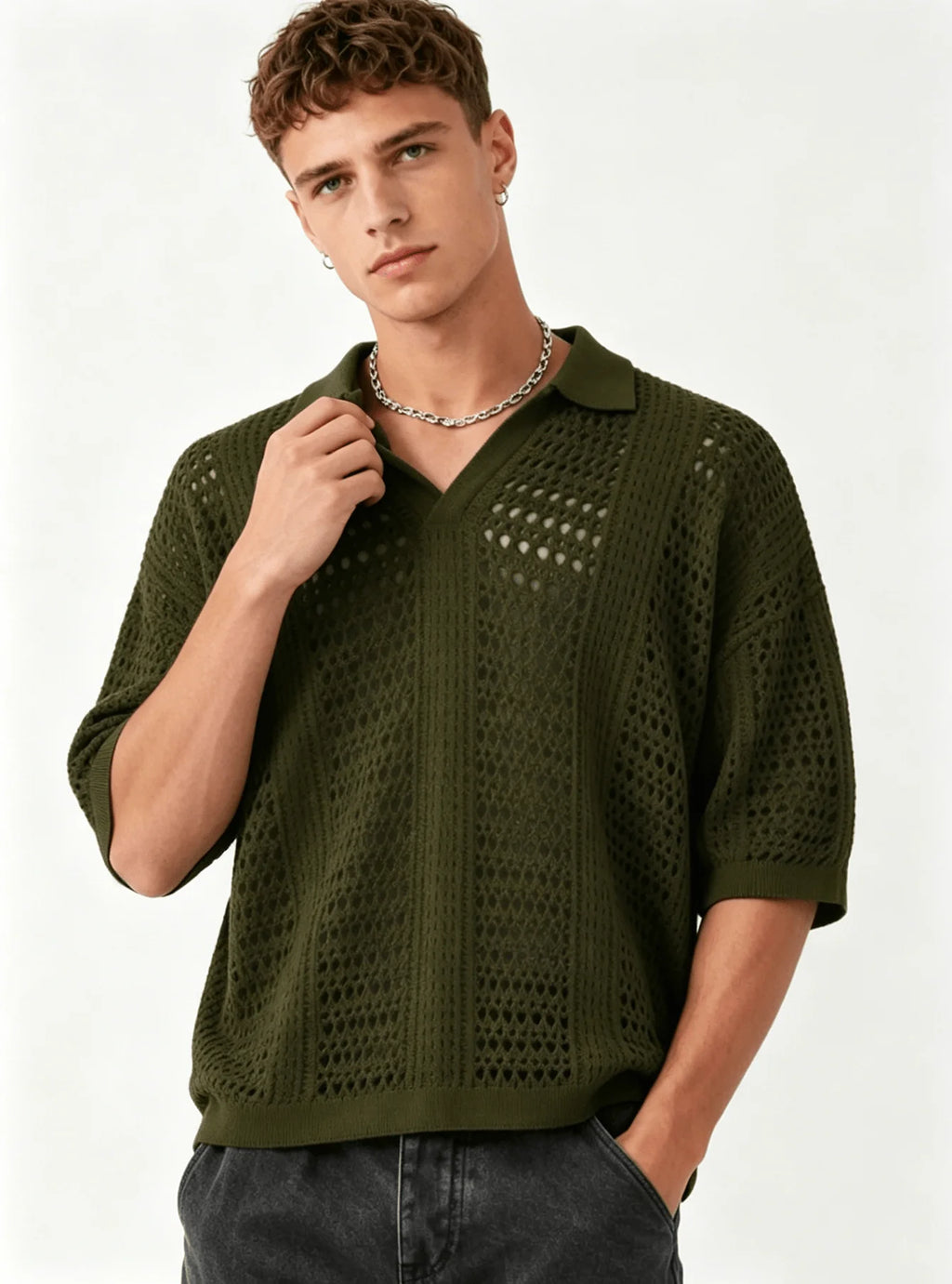 Men's Openwork Knit Polo Shirt