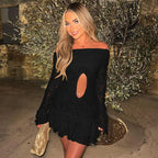 Women's Off Shoulder Lace Ruffle Mini Dress With Sleeves