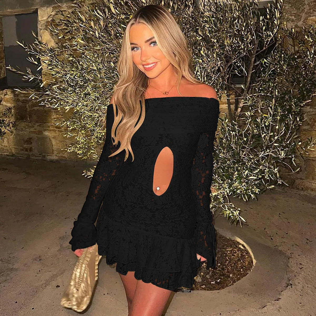 Women's Off Shoulder Lace Ruffle Mini Dress With Sleeves