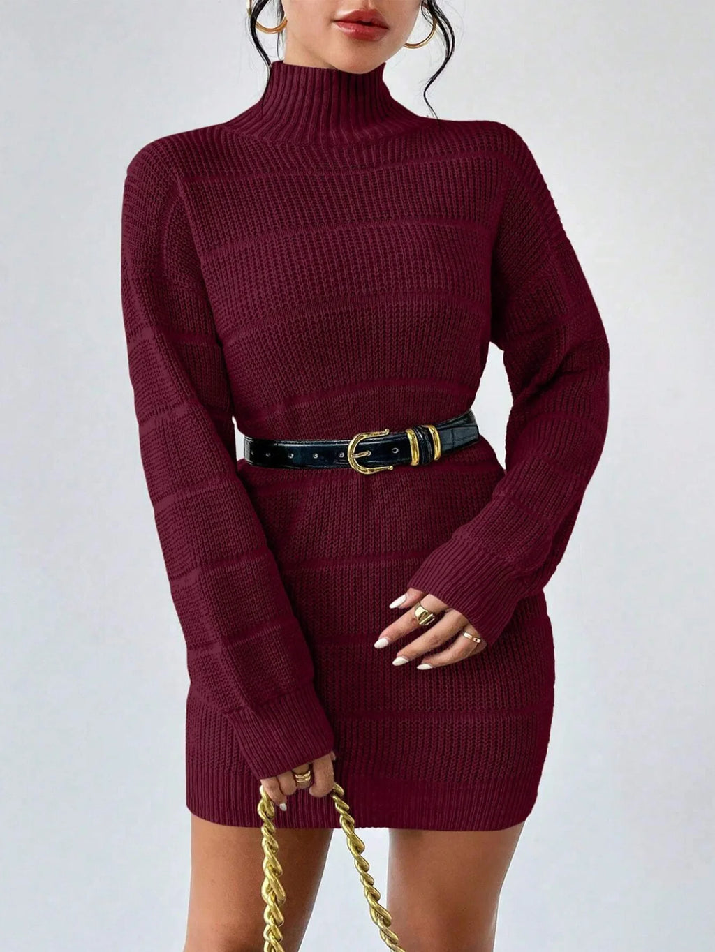 Women's Knitted Sweater Dress – Ribbed Turtleneck Mini Dress with Long Sleeves