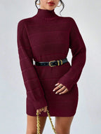 Women's Knitted Sweater Dress – Ribbed Turtleneck Mini Dress with Long Sleeves