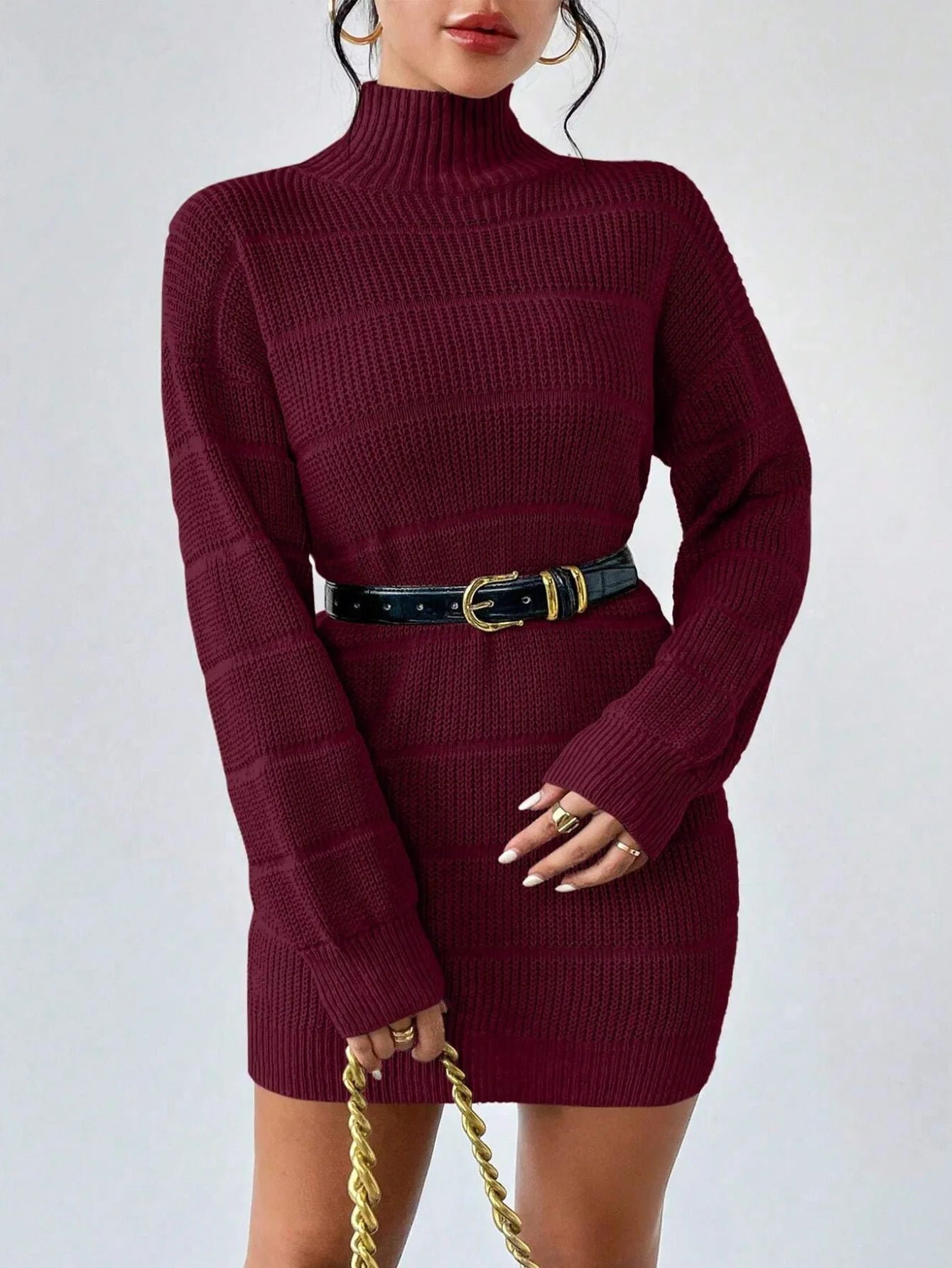 Women's Knitted Sweater Dress – Ribbed Turtleneck Mini Dress with Long Sleeves
