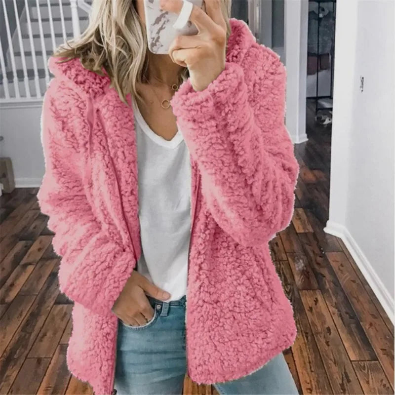 Women's Teddy Fleece Jacket – Fluffy Long Sleeve Open Front Winter Coat