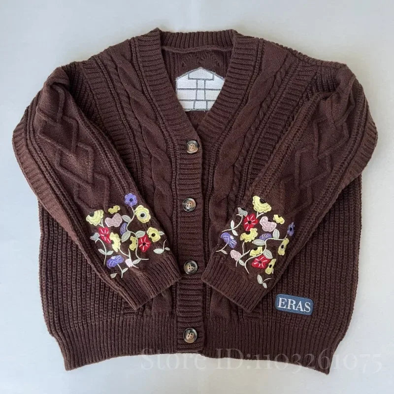 Women's Knitted Cardigan with Floral Embroidery – V Neck Long Sleeve Button Front Sweater