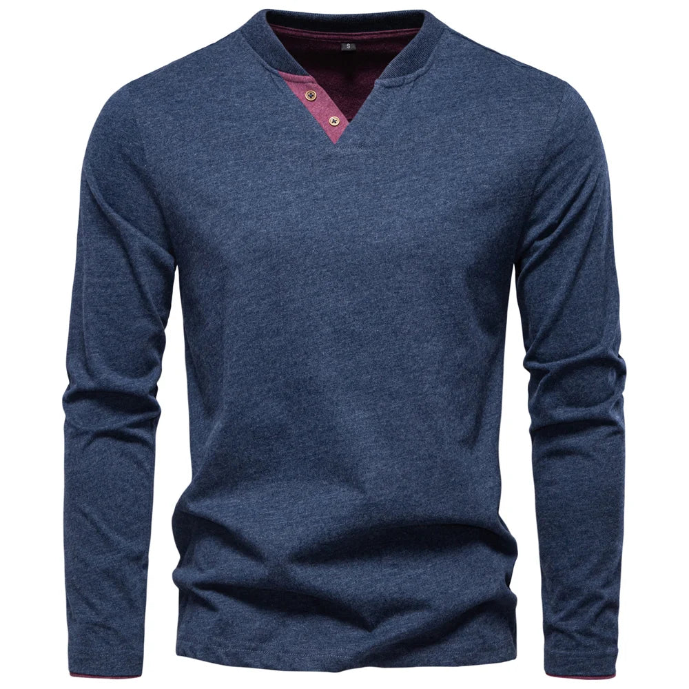 Men's Classic Long Sleeve V Neck Pullover Shirt with Buttons