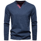 Men's Classic Long Sleeve V Neck Pullover Shirt with Buttons