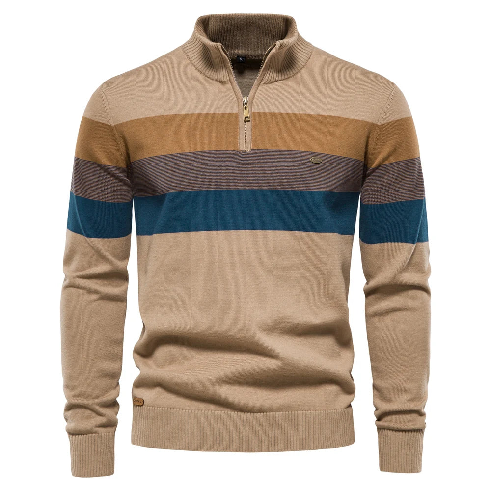 Men's Striped Quarter Zip Pullover Sweater with Ribbed Trim