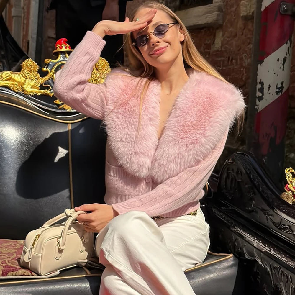 Women's Knitted Cardigan with Oversized Furry Collar – Long Sleeve Button Front Sweater