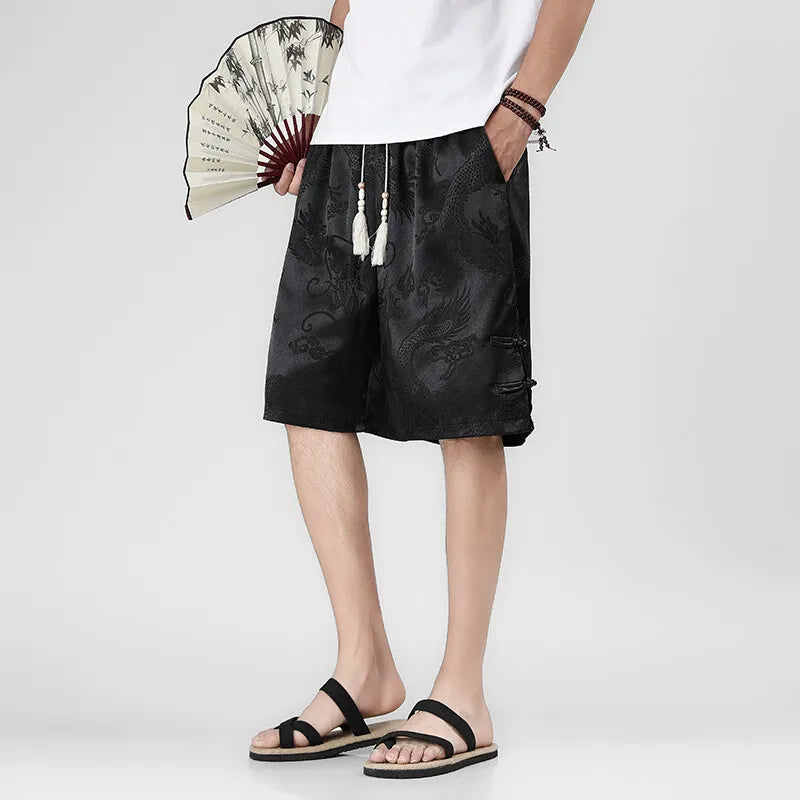 Men's Drawstring Dragon Print Bermuda Shorts