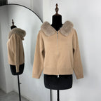 Women's Knitted Jumper with Fur Collar – Long Sleeve Zip Front Sweater