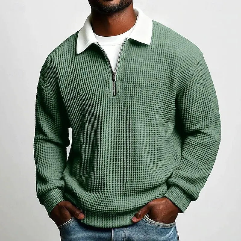 Men's Quarter Zip Polo Jumper with Textured Knit