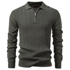 Men's Quarter Zip Polo Sweater with Long Sleeves and Ribbed Collar