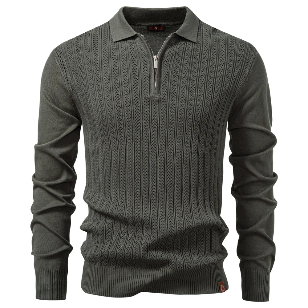 Men's Quarter Zip Polo Sweater with Long Sleeves and Ribbed Collar