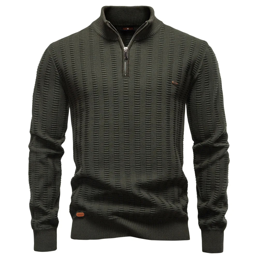 Men's Knitted Quarter-Zip Jumper – Long Sleeve High Neck Ribbed Pullover Sweater