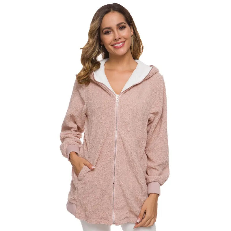 Women's Fleece Hooded Jacket – Longline Full Zip Warm Winter Coat