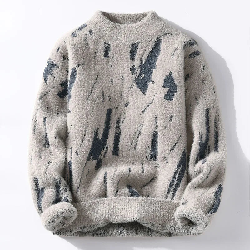 Men's Abstract Knit Jumper with Crew Neck Brushstroke Pattern