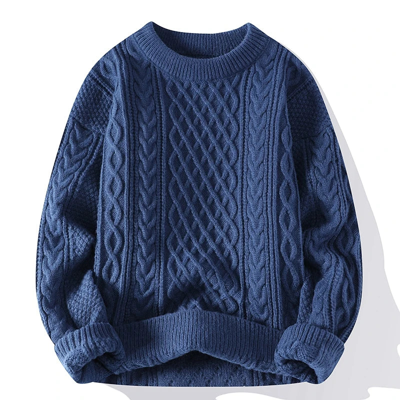 Men's Cable Knit Jumper with Crew Neck and Ribbed Trims