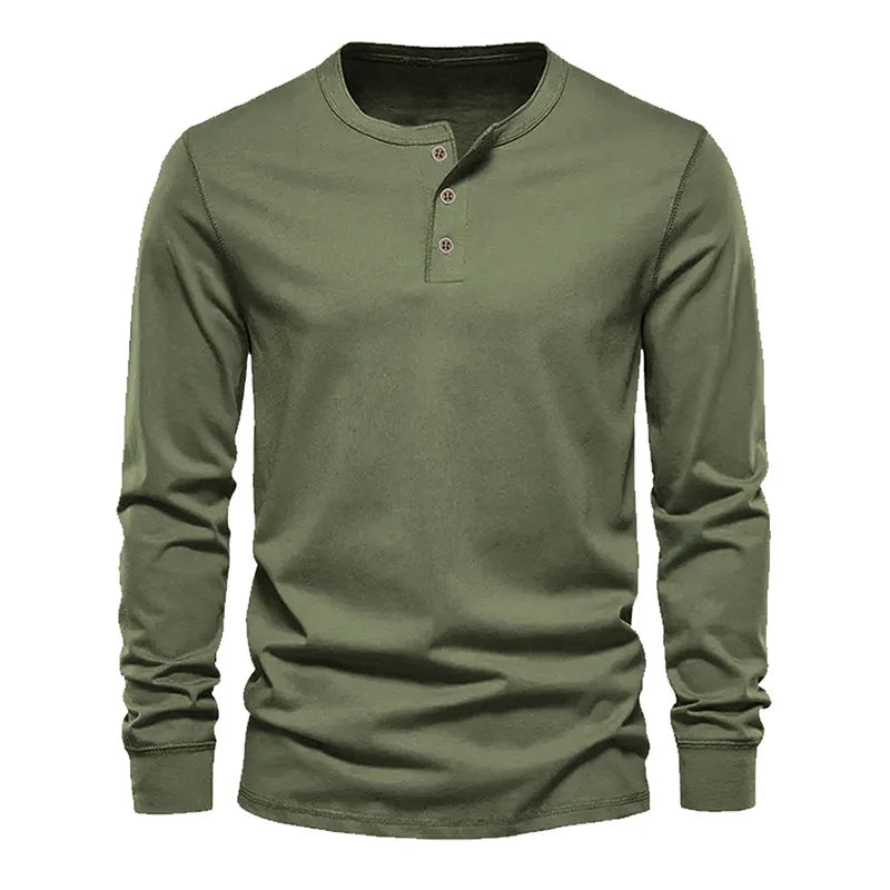 Men's Classic Long Sleeve Henley Tee with Round Neck