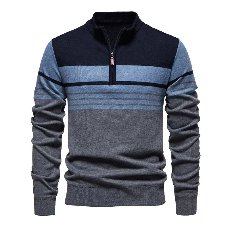 Men's Knitted Quarter Zip Jumper – High Neck Long Sleeve Striped Sweater