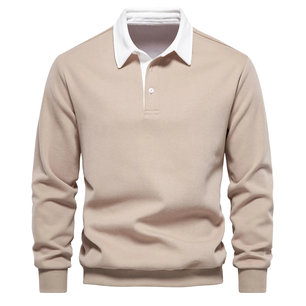 Men's Classic Collared Long Sleeve Polo Shirt with Ribbed Cuffs