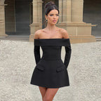 Long Sleeve Off Shoulder Skater Mini Dress