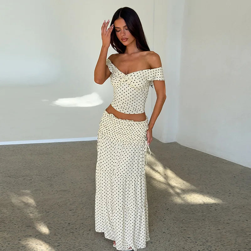 Women's Polka Dot Off Shoulder Maxi Skirt Set