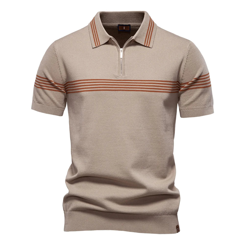 Men's Stripe Trim Polo Shirt with Short Sleeves and Zip Neck