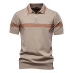Men's Stripe Trim Polo Shirt with Short Sleeves and Zip Neck