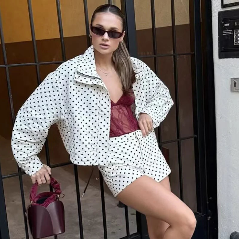 Women's Polka Dot Jacket – Cropped Hooded Zip Front Coat with Long Sleeves and Pockets