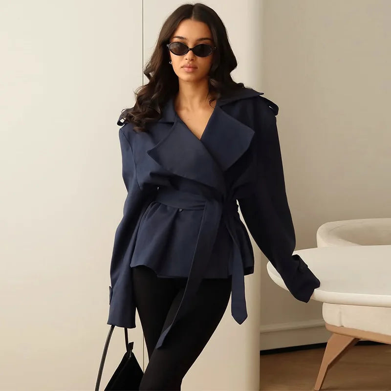Women's Wrap Front Blazer Jacket with Belted Waist – Long Sleeve Peplum Top