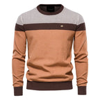 Men's Knitted Crew Neck Jumper – Long Sleeve Colour Block Sweater with Ribbed Cuffs and Hem