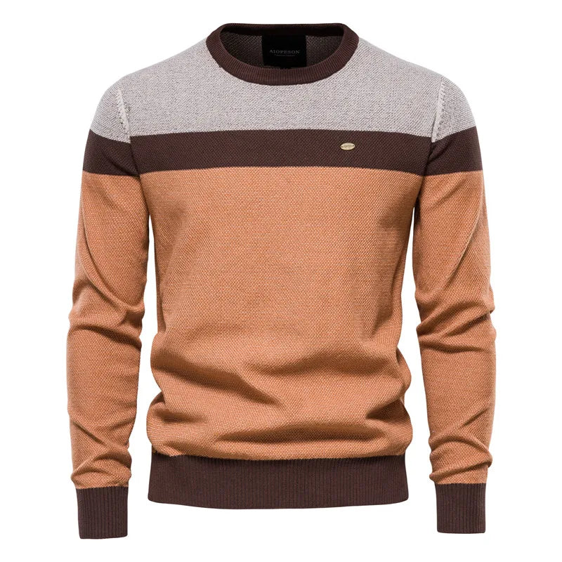 Men's Knitted Crew Neck Jumper – Long Sleeve Colour Block Sweater with Ribbed Cuffs and Hem