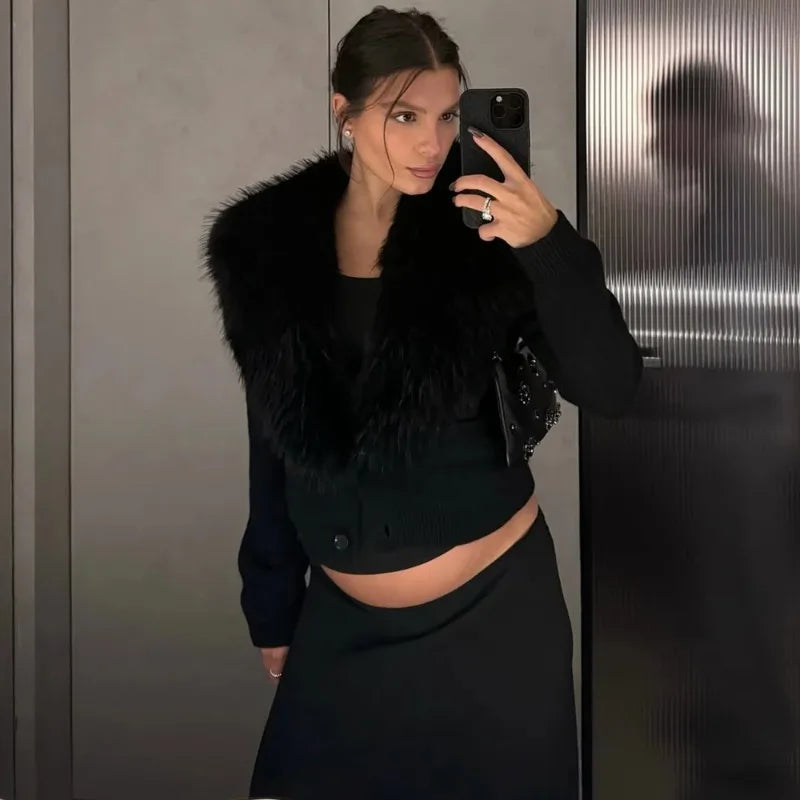 Women's Knitted Cardigan with Oversized Furry Collar – Long Sleeve Button Front Sweater