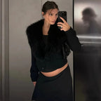 Women's Knitted Cardigan with Oversized Furry Collar – Long Sleeve Button Front Sweater