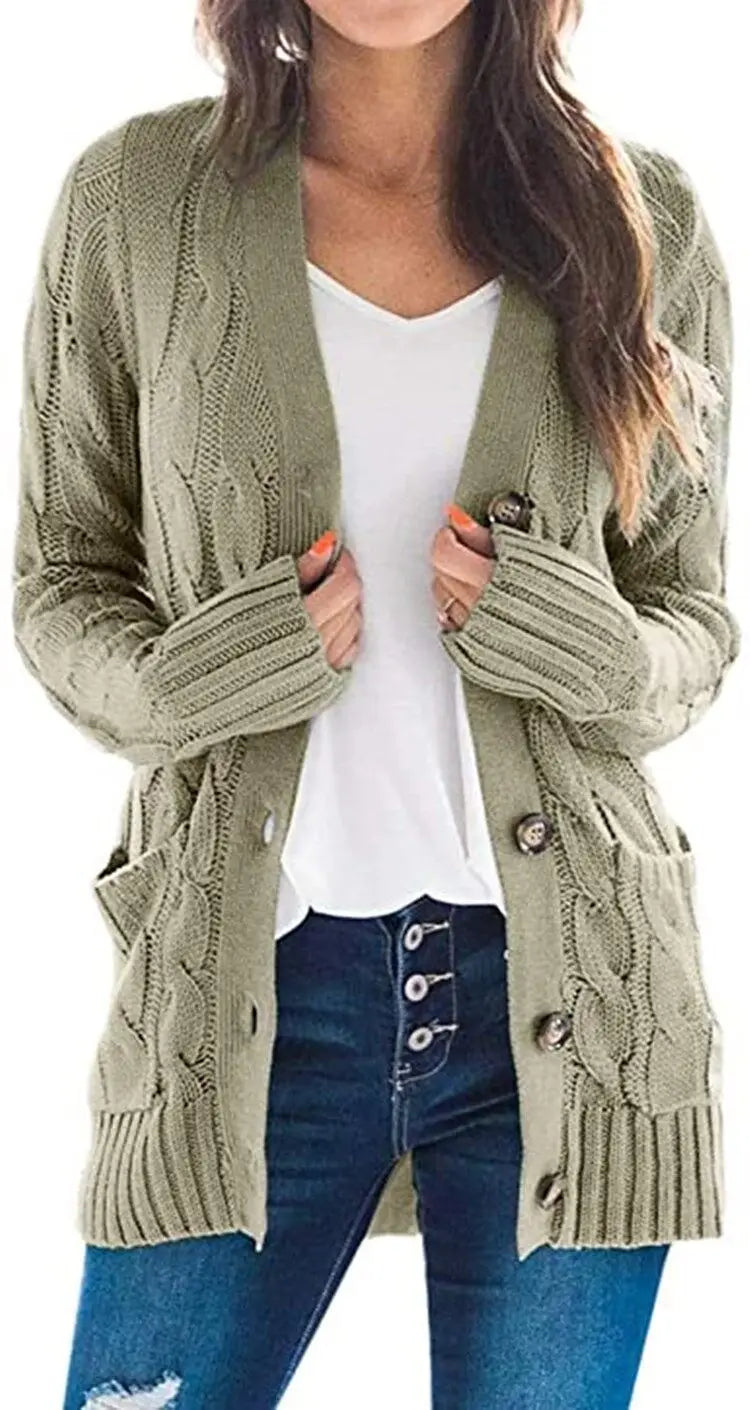 Women's Cable Knit Cardigan – Longline V Neck Button Front Sweater with Pockets