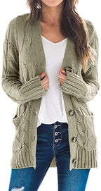 Women's Cable Knit Cardigan – Longline V Neck Button Front Sweater with Pockets
