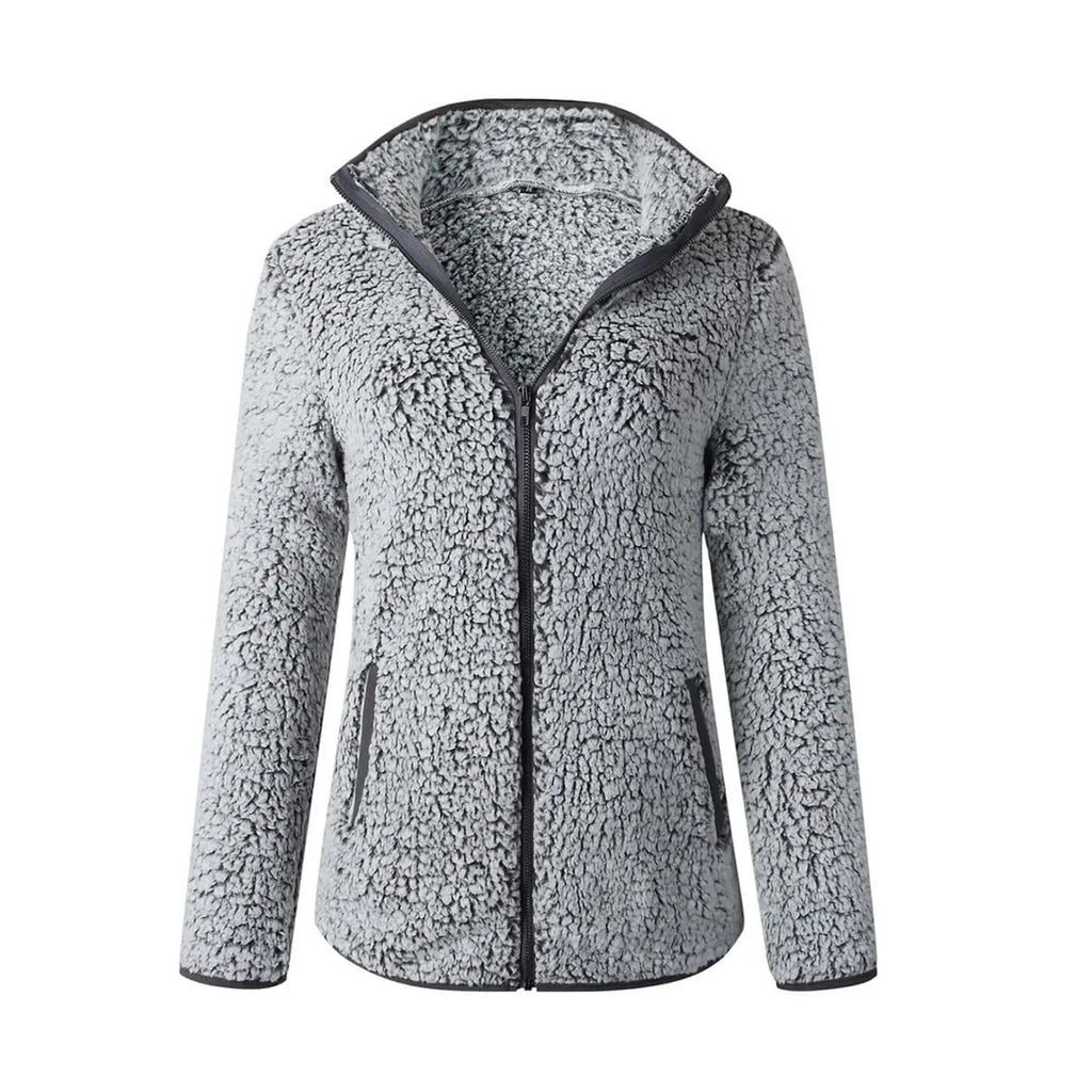 Women's Teddy Jacket – Full Zip High Collar Coat with Front Pockets