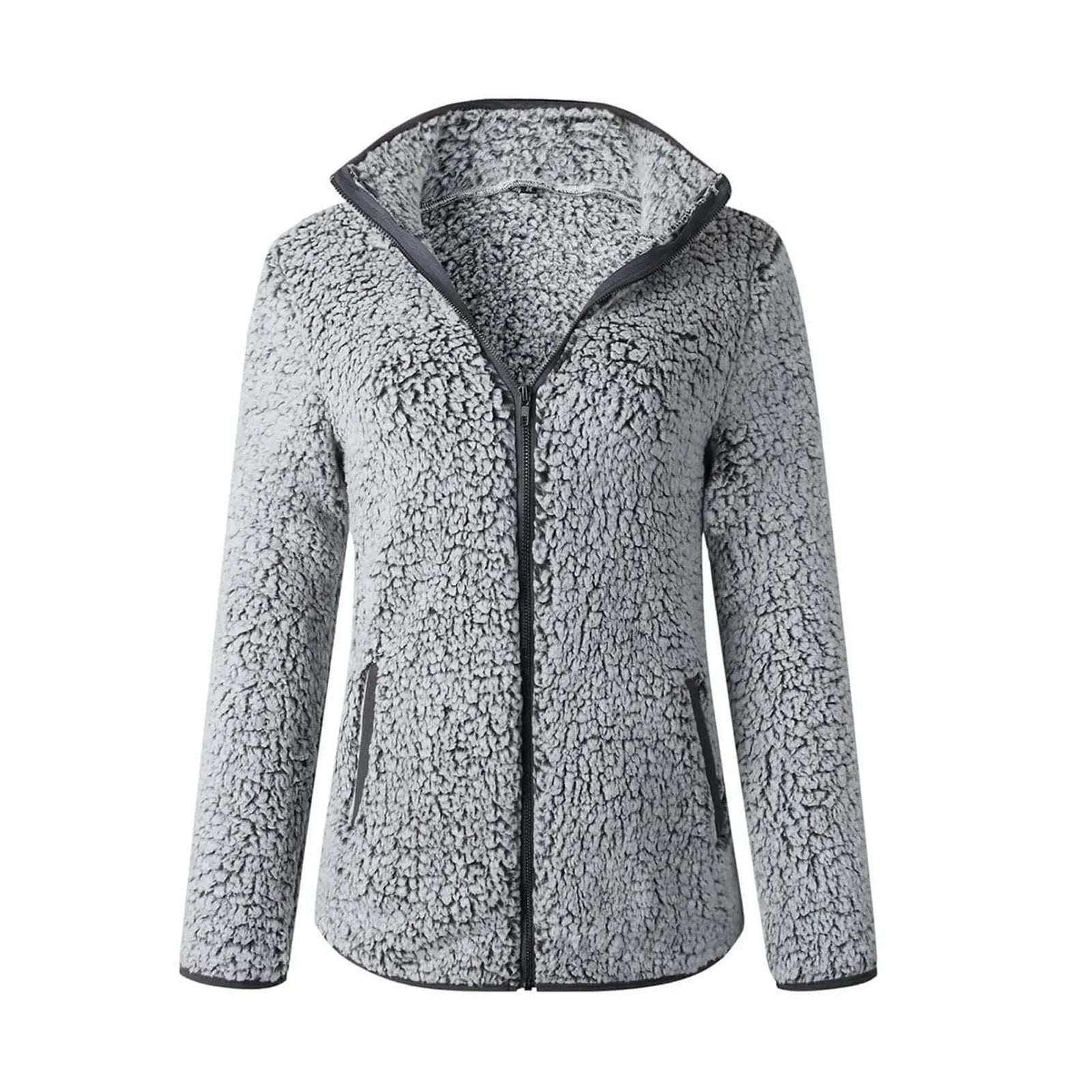 Women's Teddy Jacket – Full Zip High Collar Coat with Front Pockets