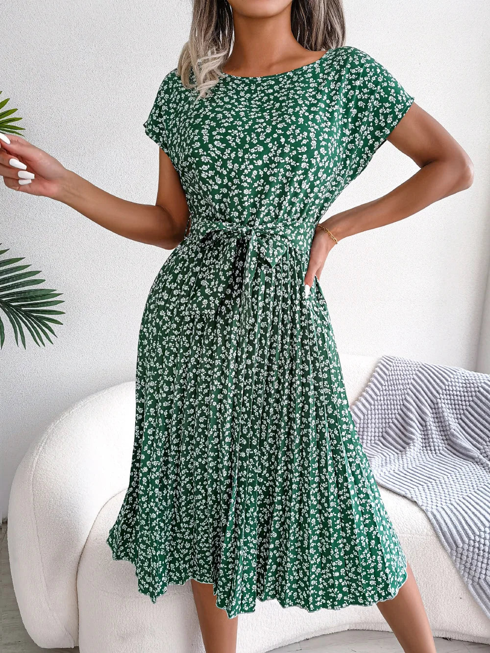 Women's Smocked Waist Printed Midi Swing Dress