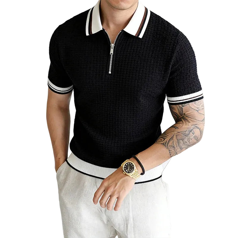 Textured Knit Short Sleeve Polo Top