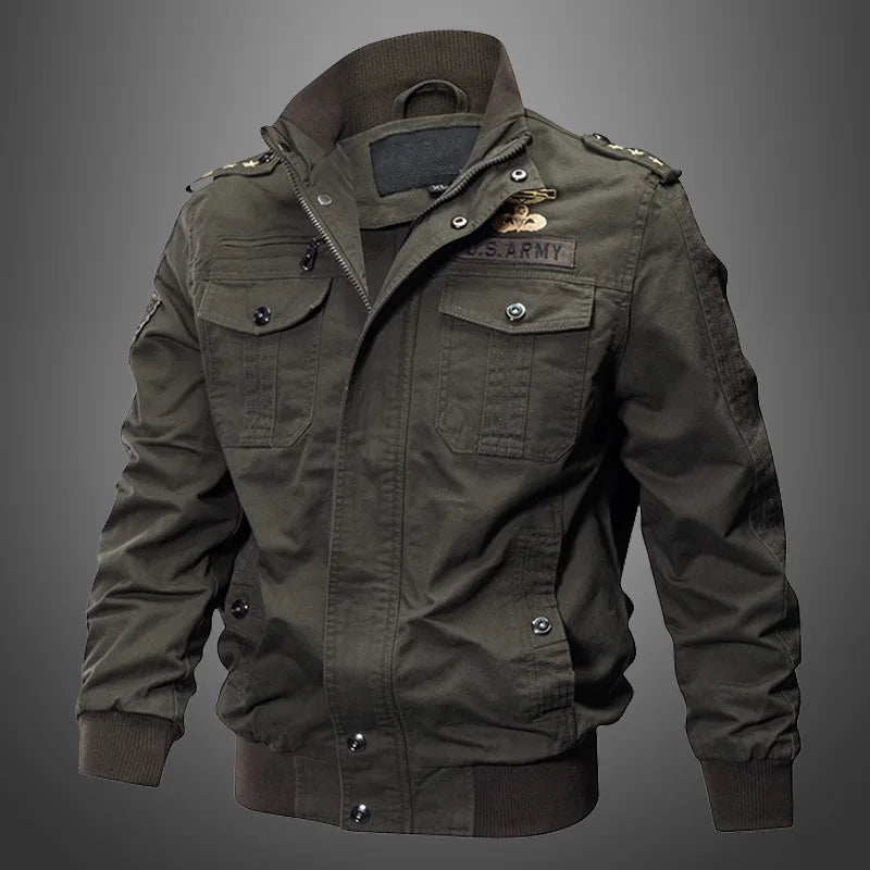 Men's Military Style Utility Jacket – Long Sleeve Zip Front with Multiple Pockets